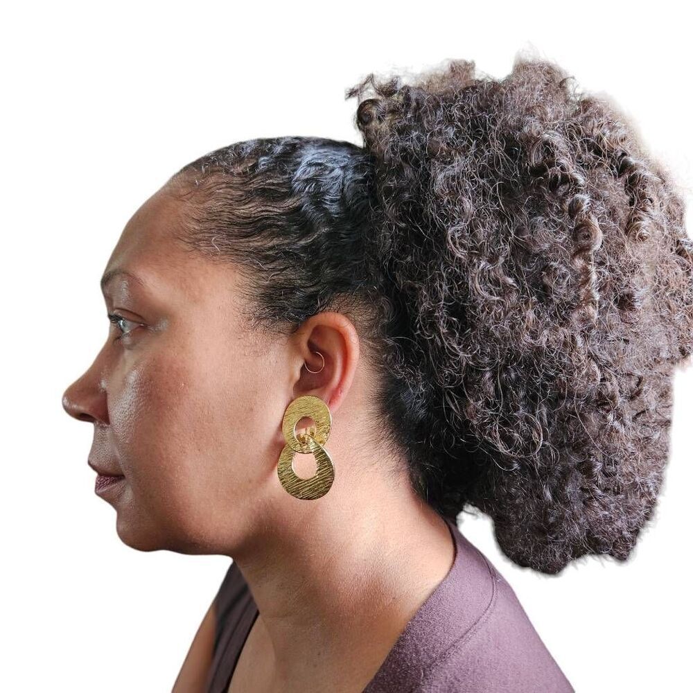 Vintage KJL Gold-Tone Textured Double Circle Clip-On Earrings | Boho Style | 2"
